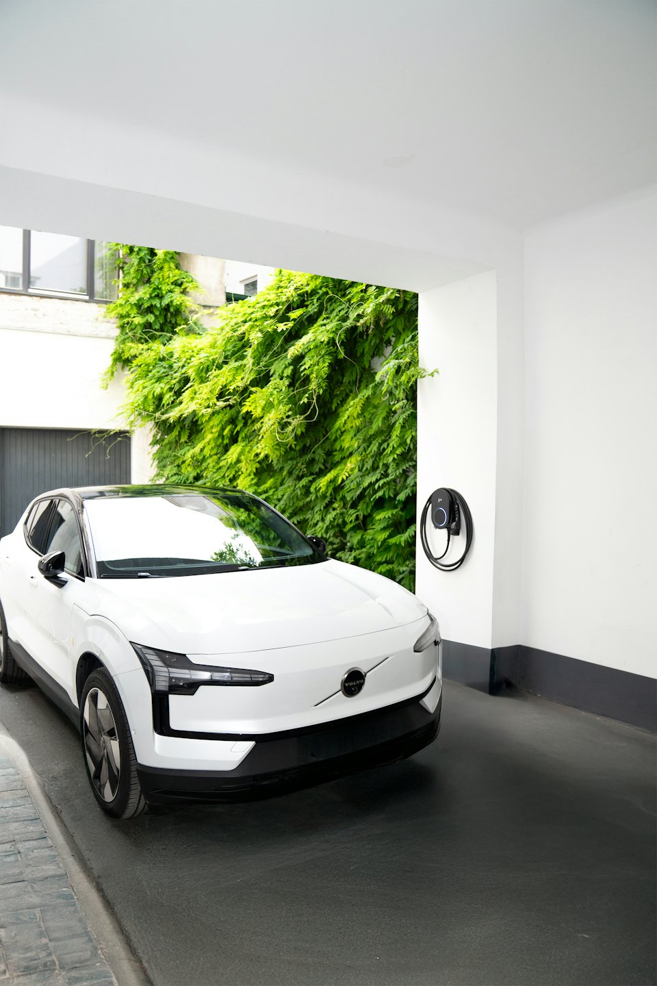 Weißes Elektroauto lädt neben Efeuwand.